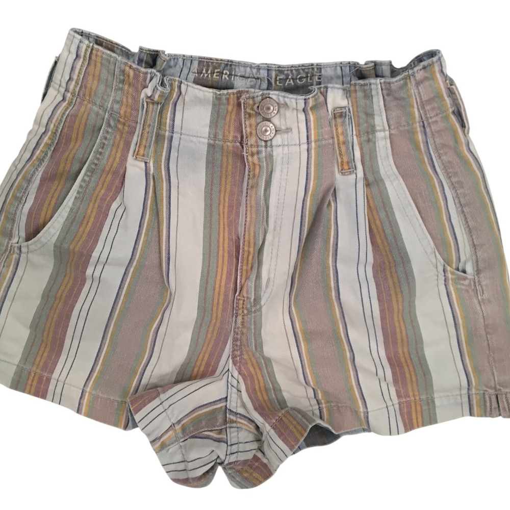 American Eagle Striped High Waisted Paperbag Denim Shorts Womens 2 Multi-Color‎